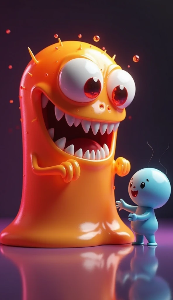 bubble, solo, indoors, black eyes, no humans, sharp teeth, orb creature, tongue out, red tongue, big tongue