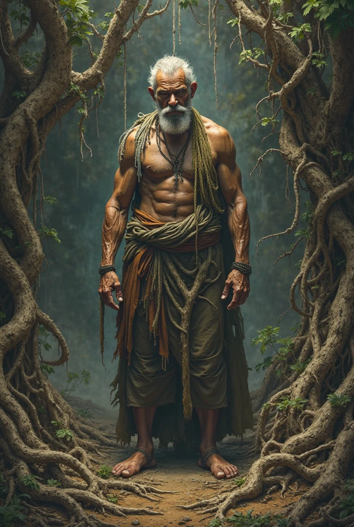 illustrates a 50 year old king bare-chested wearing a sarong