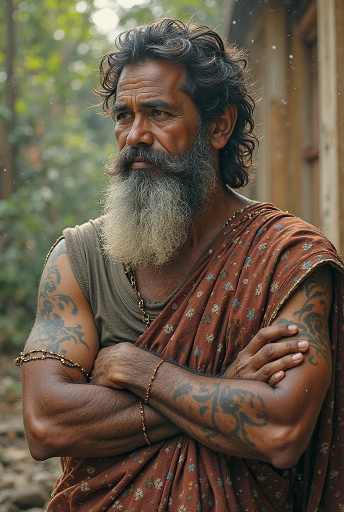 extremely detailed, detailed face, detailed eyes, detailed fat and muscle and very hairy body burly (view full body), ((1man)), (object (big belly indian older man 50s  penis  bulge!, in lungi wearing a pagari thick legs rugged sexy very hairy body shirtless standing with face up with hand on croutch alpha smiling expression inside home barefoot)), indian wearing traditonal indian clothing old man (big hefty, big muscle, white facial hair, white chest and body hair thicj moustache,white beard, alpha strong man face thick hair,  white hair, strong character, strong muscle), (background (sunny , indian home Garden)), (photography (50mm lens, cinematic, cinematic color