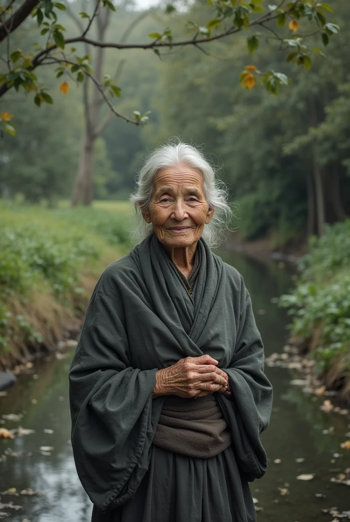 An old grandmother with white hair and a face full of wrinkles, wearing dark colored traditional clothes, was walking in the dense forest. The grandmother seemed to be looking for something on the ground., with a focused and slightly worried look. Big trees surround grandma, creating a gloomy shadow, while the sunlight penetrates through the gaps in the leaves, gives a dramatic light effect around it. The forest atmosphere looks calm but mysterious., with bushes and dry leaves under grandmother&#39;s feet