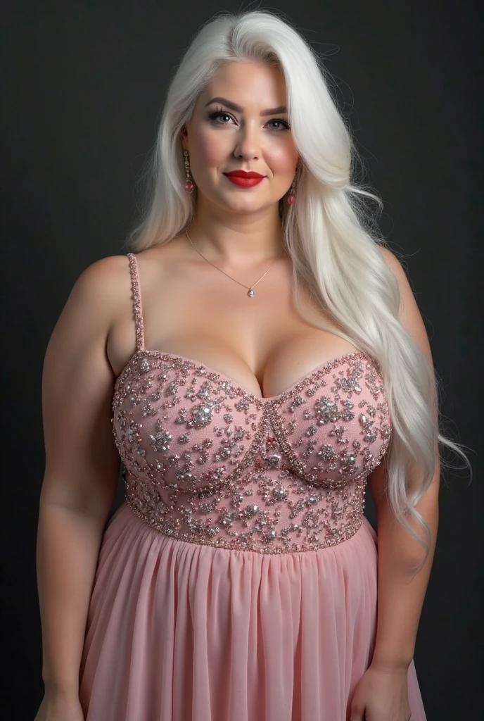 A lady with silver hair in red gown has big bosom with cleavage , make her little chubby