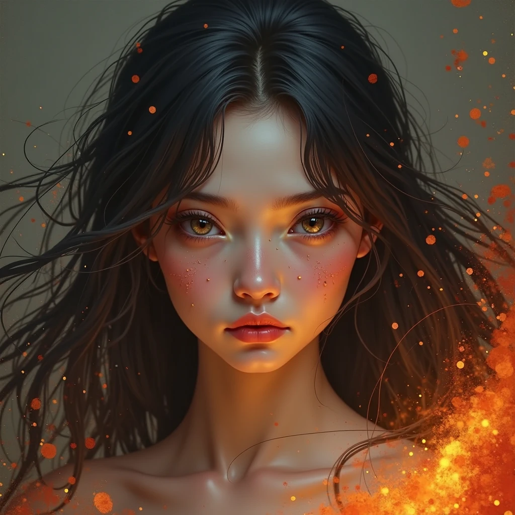 masterpiece, best quality, ultra high res, beautiful, elegant, graceful, award-winning art, 1girl , portrait, half-naked, (style of Yuko Shimizu:1.1), (abstract art:1.2), red lips, silent in chaos,model pose in fashion show, style of rebecca guay, black hair, red fire , cloaked in flames, dark theme, visually stunning, gorgeous