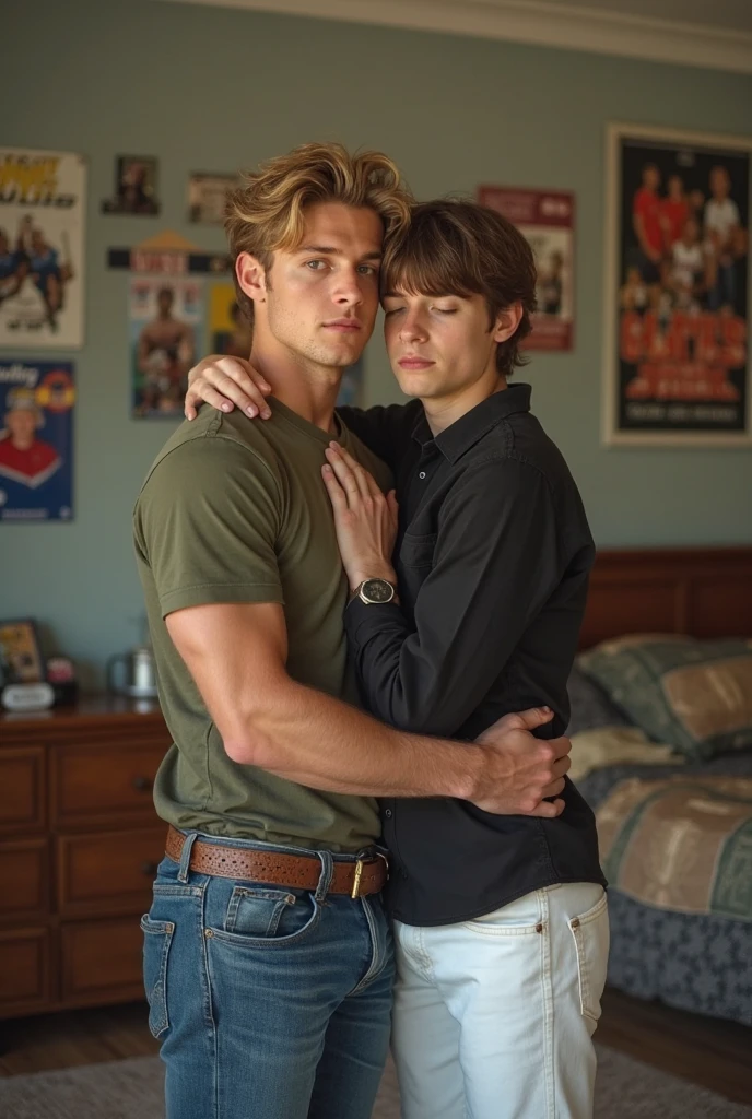 KJ Apa, ginger hair, kissing Henry Cavill,gay, very fat, thick butt, weight gain, extremely chubby, thick ass,whole body in view, enormous arms and legs, enormous bulge in underwear, jeans around knees, 8k, HDR, volumetric lighting, ultra quality, elegant, highly detailed, nsfw