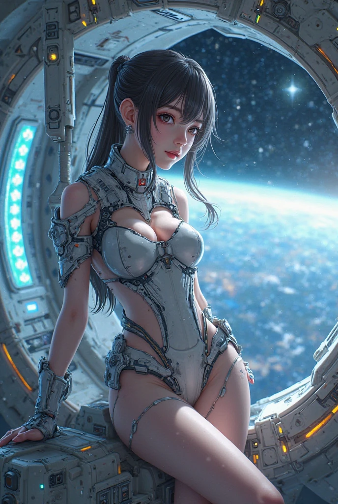 (Foto de cuerpo entero:2), (Uno/Mujer/mechanic:1.8), (senos extremadamente grandes:1.8), (The whole mechanical body:2), (with bionic armor:1.5), blanco con engranajes negros, (She's inside a spaceship near the window looking at outer space..:1.5), (Tiene el pelo lacio morado muy corto:1.2), (ojos azules:1.2), (Gimiendo:1.5), (sonrojarse:1.5), (is doing sensual standing poses for the viewer:1.5),    Anime style, anime, 16k, alta calidad, piel texturizada, UHD, Premiado