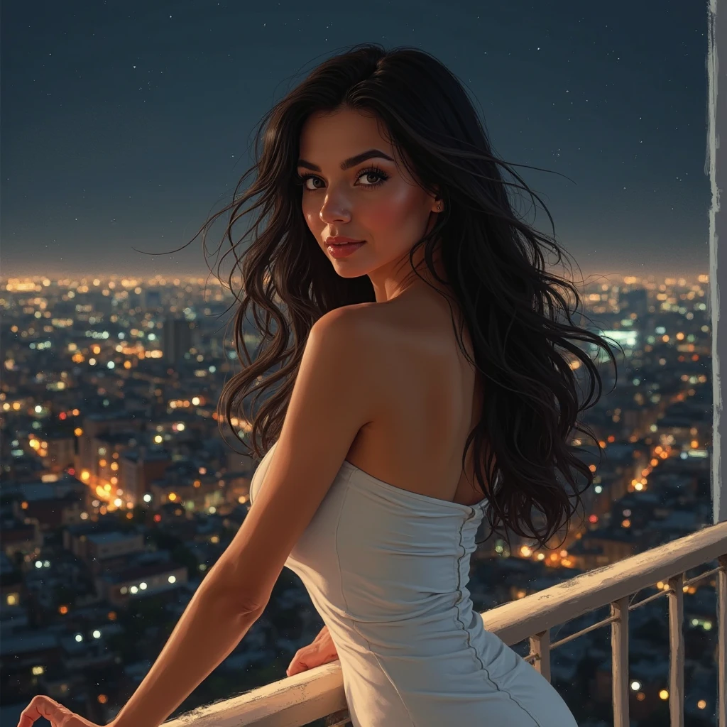 A modern, sleek woman in a sheer camisole is perched on the edge of a stylish balcony, the cityscape illuminated by the night's glow behind her. She wears her long, wavy hair loose, and her profile is accentuated by the soft light of a nearby lamp. In one hand, she casually holds a cigarette, the smoke curling in the cool night air. The scene is captivating, a masterpiece in ultra high resolution with a photorealistic touch, showcasing her beauty in breathtaking detail.