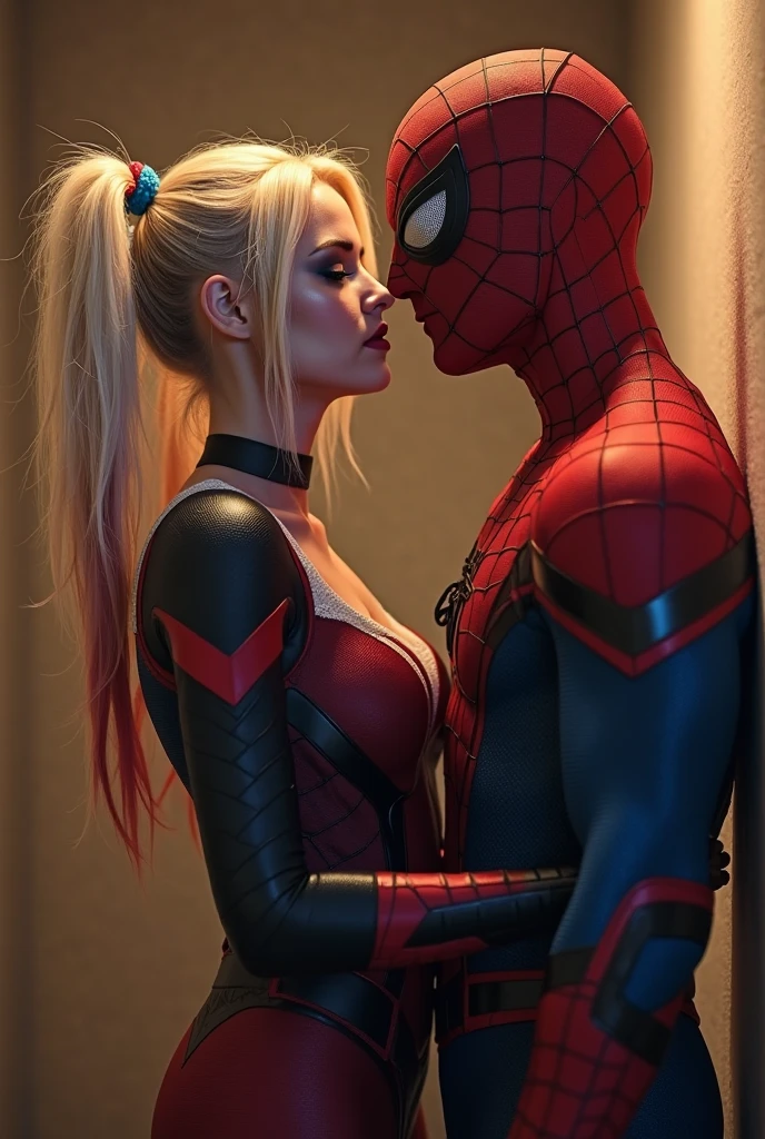 Realistic image of {Spider-Man 2099 standing, kissing Gwen Stacy, kissing her hard, Action {having sex}, smooth and smooth skin, Symmetrical face, full body, big ass, symmetry and full mouth sensualizing, human ideal, Lens 85 mm, f8, photography, ultra detail, Natural light, backlight, photo, studio lighting