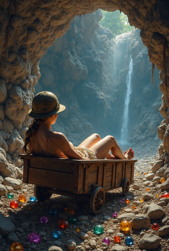 a female experienced adventurer opening an half-open ancient treasure chest, The box overflowing bright and golden light from the inside out, ancient caves, backview, oil painting