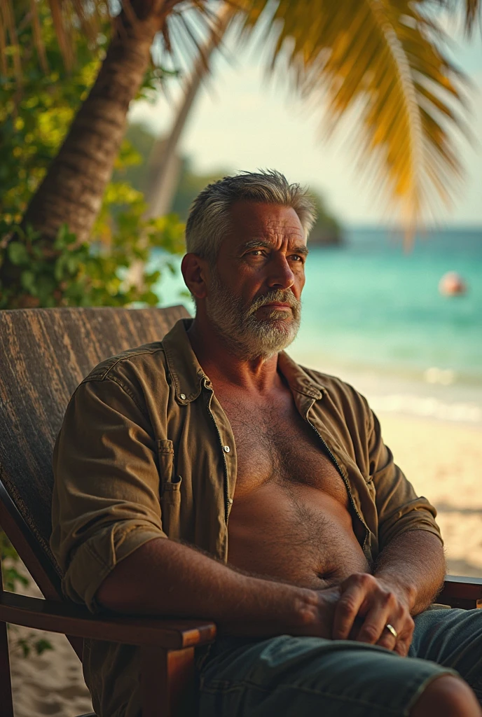 A hairy man in beach trunks