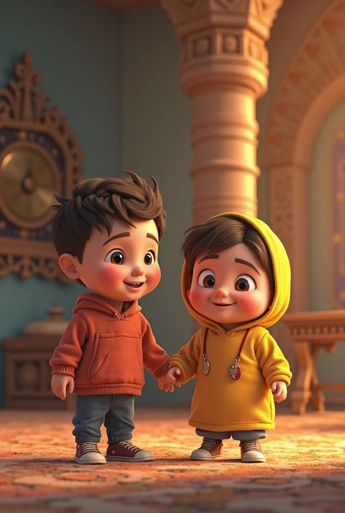 Little brother in red hoodie crying for toy car infront of his 14 year old big brother in yellow hoodie
