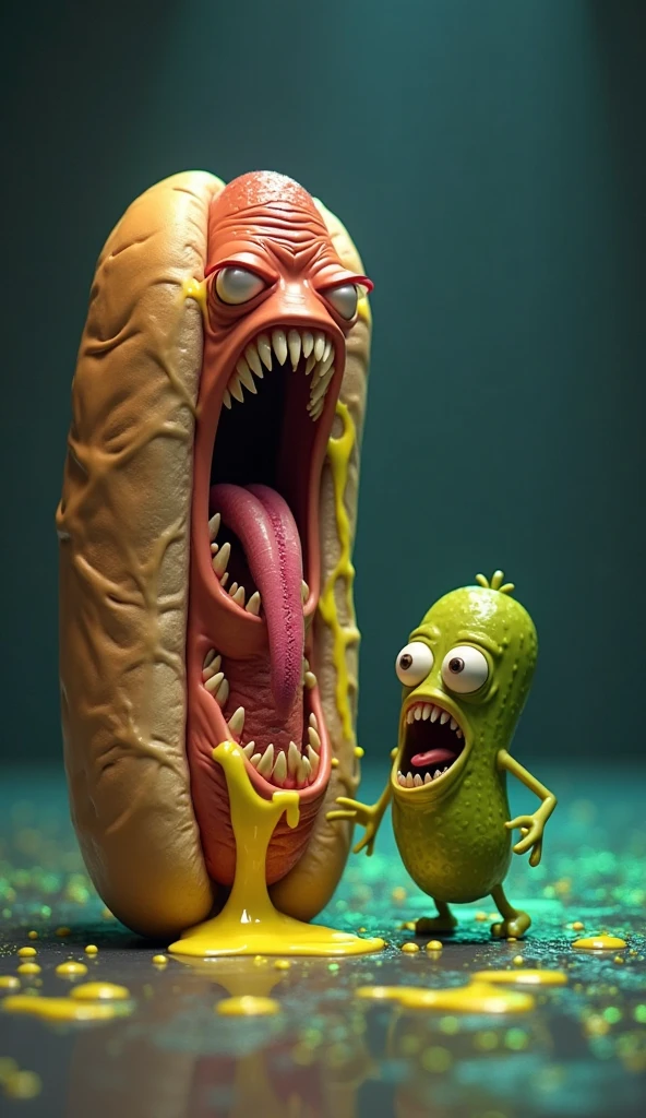 Animatronic toy chicken, a girl from five nights at Freddy's wearing a bikini, Sexy slim body in scary pizzeria with a burger bigger than her mouth and she has it in her hands. Her belly is huge and she already bit half of it she already looks pregnant she is naked with a water hose inside her ass