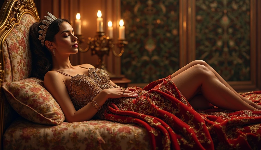 araffe woman in a red and gold dress laying on a bed, lovely languid princess, fashion photograhy, fantasy long intricate gown, high - end fashion photoshoot, very seductive pose, arabian nights inspired, red and gold sumptuous garb, stunning elegant pose, glamour photography, haute couture fashion shoot, photoshoot, royal elegant pose, fashion photography, big , cleavage show, wet body