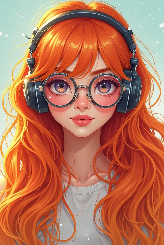 girl CHILD 10 years old, PORTRAIT STYLE, with headphones holding a Pink Floyd album, The Dark Side of the Moon, with red hair and jewelry posing for a photo, very long wavy fiery red hair, orange skin and long burning hair, long curly red hair, bright long red hair, long stream of red hair, fiery red hair, big wavy red hair, red hair and attractive features, red curly hair, flowing orange hair, very long flowing red hair, flowing red hair