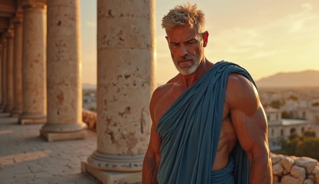 Male Titan, dark skinned muscular body, hairy chest, white hair, green eyes, Greek cloak clothing, naked, visible member, amazing lighting, greek temple.
