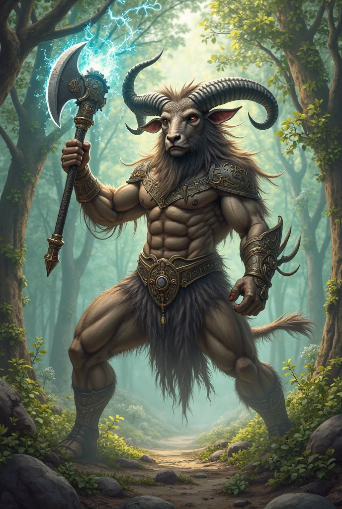 Satyr, shirtless, light brown hair, green eyes, Greek warrior, shirtless, Greek mythology, teenager, forest, hunter. free. with slightly large goat horns. Goat legs next to goat hooves