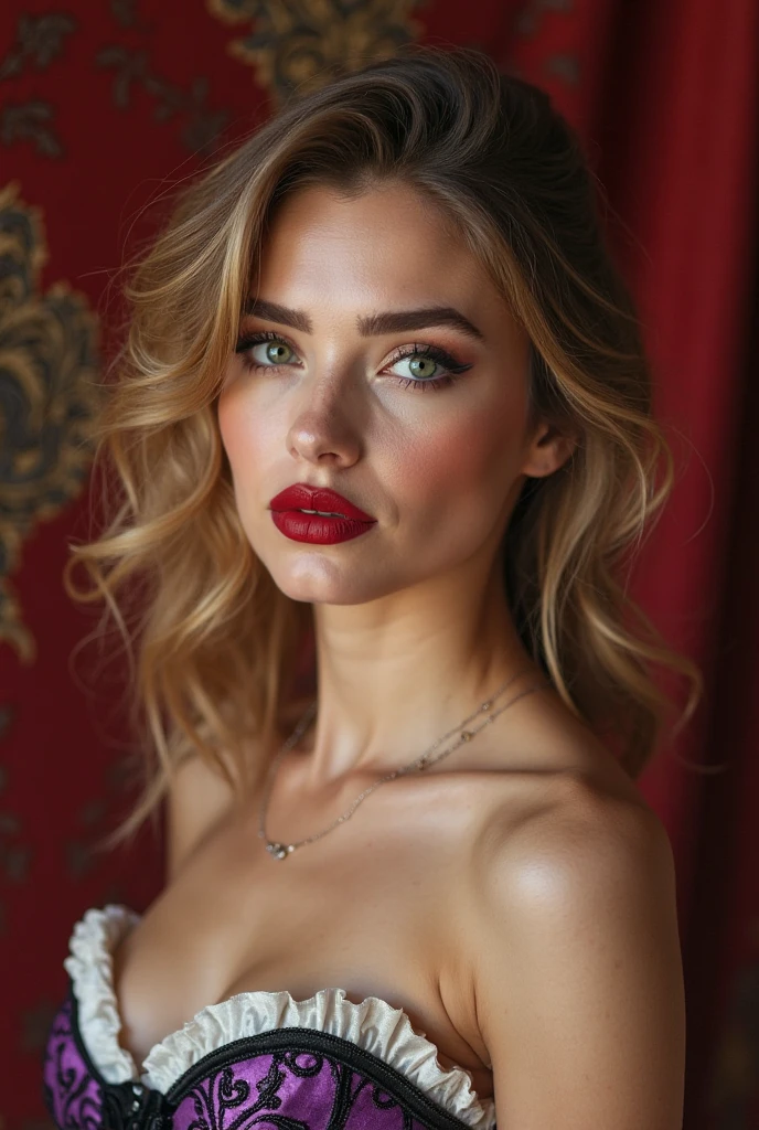 (masterpiece, Best quality, professional, perfect composition, very aesthetic, absurdity, ultra detailed, complex parts:1.3) Movie frame,  Russian mature woman, a lot of makeup, sexy face with full makeup, blonde, Red lipstick 
