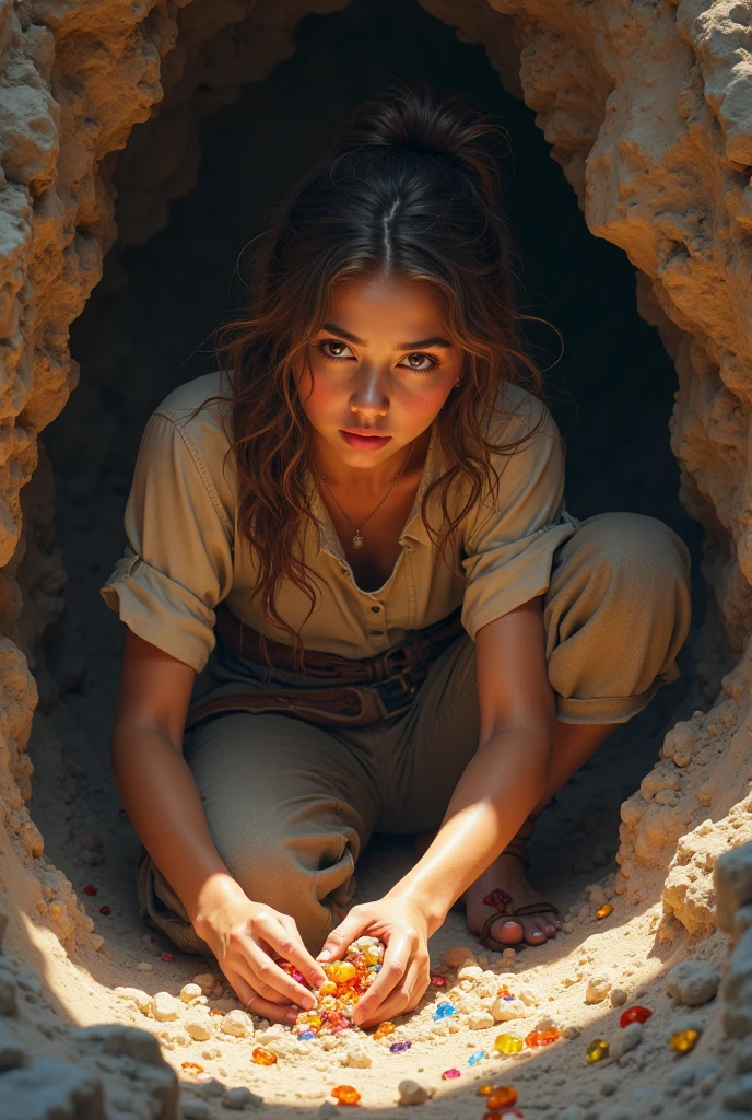 "((hyper realistic, photorealistic, 8k, intricate details)), ((front low angle image)), 1 a beautiful archaeologist with blue eyes and brown hair, full breasts, thick thighs, silky skin, sweaty face, sweaty body ( humid), wearing a beige safari hat, a beige short-sleeved shirt and denim shorts, Boots, with an apprehensive look on her face ((VERY DETAILED FACE)) she is crouched down walking through a mysterious, dark chamber ((dim lighting )) of an ancient pyramid, lit only by small candles melted on the floor, in the corners"