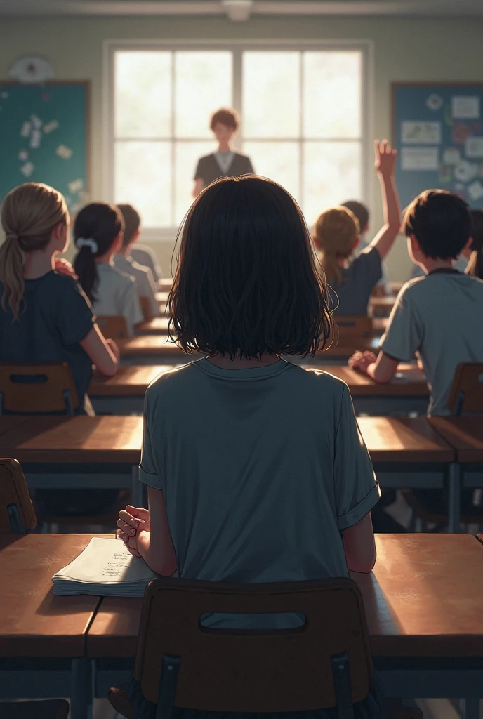 classroom、blackboard、clock、Desk and chair、The background is slightly blurred、Doll's perspective