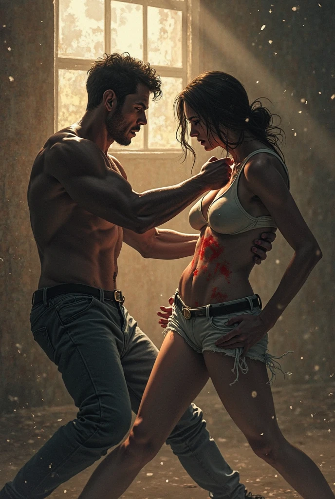A blonde woman subduing a brunette man on the ground, both young, with a little beard threatening him with a spear. The woman has light blue eyes and the man has brown eyes.. The man holds some chains around her, The background is a disco