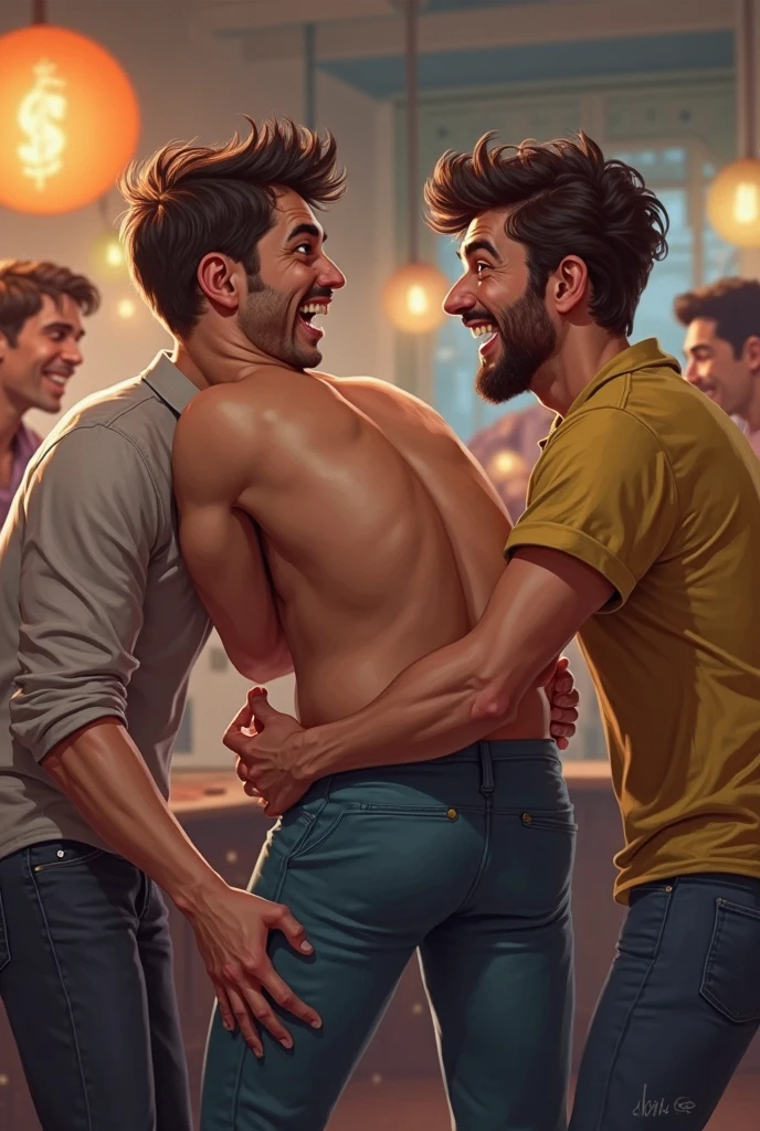 best quality, masterpiece, intricate details, anime, nsfw, penis:1.2, big penis, testicles, precum, white tanktop:1.4), a horny fratmen party, naked men, party, beer, group photo, gay, young, scruffy, cramped, crouded, cum, darts, playing cards, videogames, closeup, excessive pubic hair, hairy armpits, sweat, party atmosphere, cozy atmosphere,