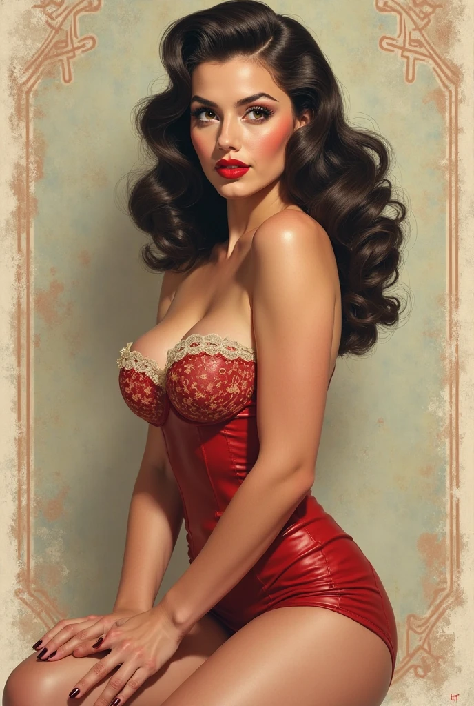 1952, Seoul, (1 korean young girl), Retro vintage, ,(big breasts, strikingly beautiful, delicate facial features, porcelain skin, expressive eyes, black hair, red lips), (hairstyle of the 1950s), poster of a sexy, glamorous pin-up girl wearing a sailors hat, bikini and polka dot stockings,
