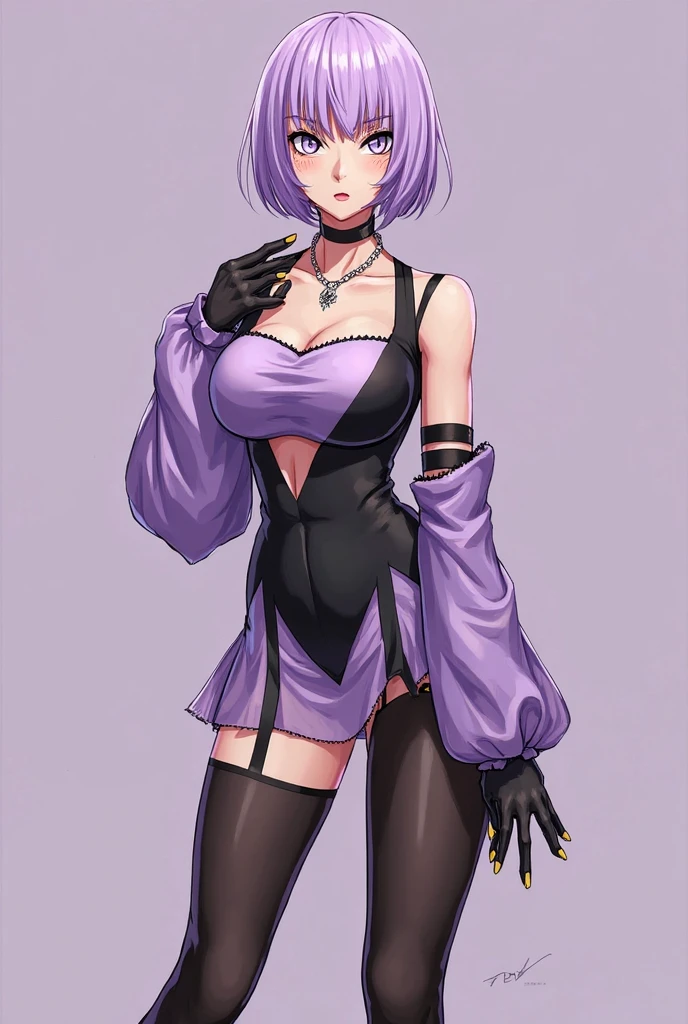 Fashionable girl, short purple hair, red strand, blue eyes, wolf ears and tail, black light beautiful dress, smile, masterpiece, high quality