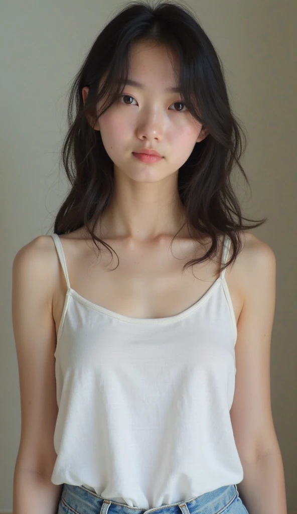 (masterpiece:1.4), (8K, realistic, RAW photo, highest quality: 1.4), Japanese, (1 girl), beautiful face, (realistic face:1.4), (very detailed髪:1.3), beautiful hairstyle, realistic eyes, beautiful and fine eyes, (realistic skin:1.3), beautiful skin, Charm, ultra high resolution, surreal, very detailed, golden ratio, (detailed face:1.4), (Realistic medium breasts:1.4), (gray tank top:1.5),(bedroom1.3),soaking wet skin ,perky_nipple,(erect nipples:1.2),(No bra:1.4)(long nipple)