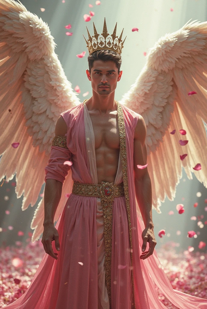 hyper realistic oil painting (art by Alphonse Mucha: john william waterhouse: Charles Dana Gibson: charlie bowater: 0.6), of a handsome male angel with two large wings,detailed feathers, age 18, mix face between [(Rangga aadc: 0.5) and( zayyan xodiac: 0.5)], natural red lips, small moustache, fierce look, fit body, bare chest, huge pecs, big pecs, face, detailed physique, abdominal muscles, bodybuilder, macho, oily body, Real texture, sharp focus, highly detailed, artstation, cgsociety, , decorative art deco, symmetrical, acurate, 16k, rococo style, character design, cinematic lighting, drop shadow, blending, back lighting, glowing light, sparkle, depth of field, reflection light, high detail, best quality, masterpiece, super detail, high details, uhd, highres, textured skin, anatomically correct, award winning, wear rope harness, wear gold head band, gold shoulder band, gold necklace, gold crown, wear g-string, hair bund, long-haired, bokeh background in the pond garden full of rose flower