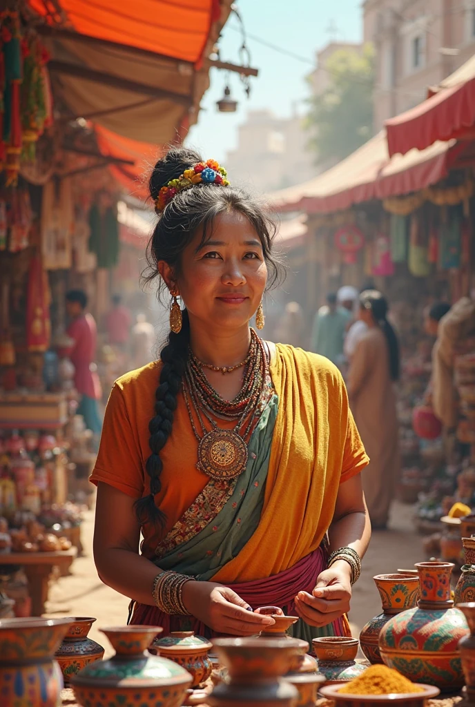 In the vibrant village market, a Naga woman wearing red colorful shawl tribal dress tends to her vegetable stall. Her weary eyes and solemn demeanor exude a quiet sadness that seems to send a ripple of unease among the villagers. As they haggle over prices, their glances occasionally shift towards her, their curiosity mingled with a touch of trepidation. ghost