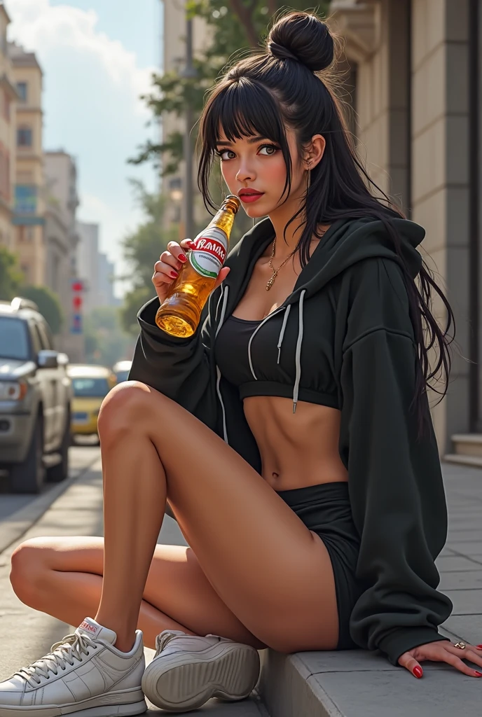 Beautiful woman drinking a soda, wearing cleavage, sexy look thick thighs long black cables extremely detailed