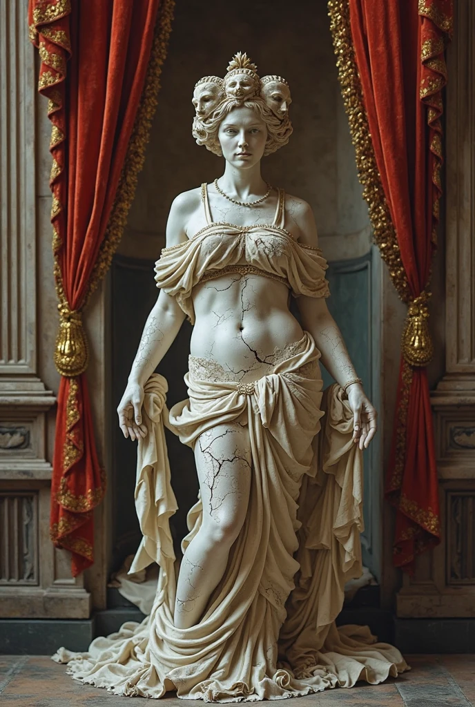 Dressed sculpture of a young beautiful woman,(Highest quality,Extremely detailed depiction,Incredibly absurd high resolution,Anatomically accurate depiction),marble,Statue of an ancient Greek goddess in clothing,Sculpture in ancient Greek clothing,A sculpture with a seductive smile,whole body,background:museum,SFW:1.5,Healthy painting:1.5