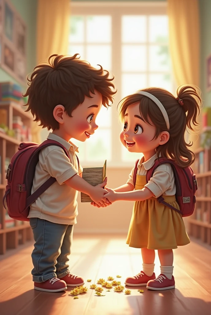 A girl donating some books  to a poor child with torn clothes in book fair. The poor child cloth should be torn