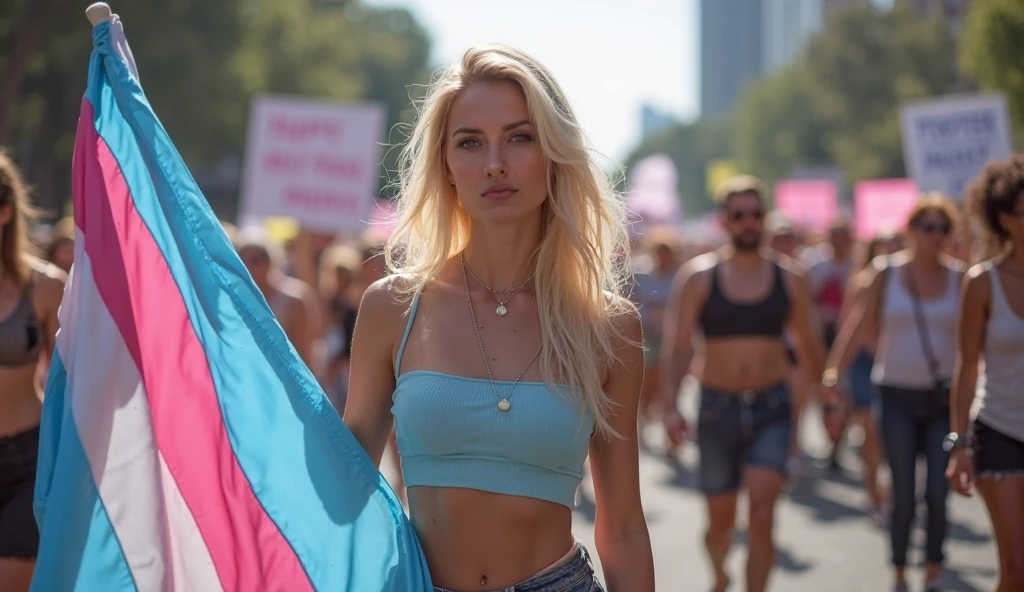 A naked woman with blonde hair in public