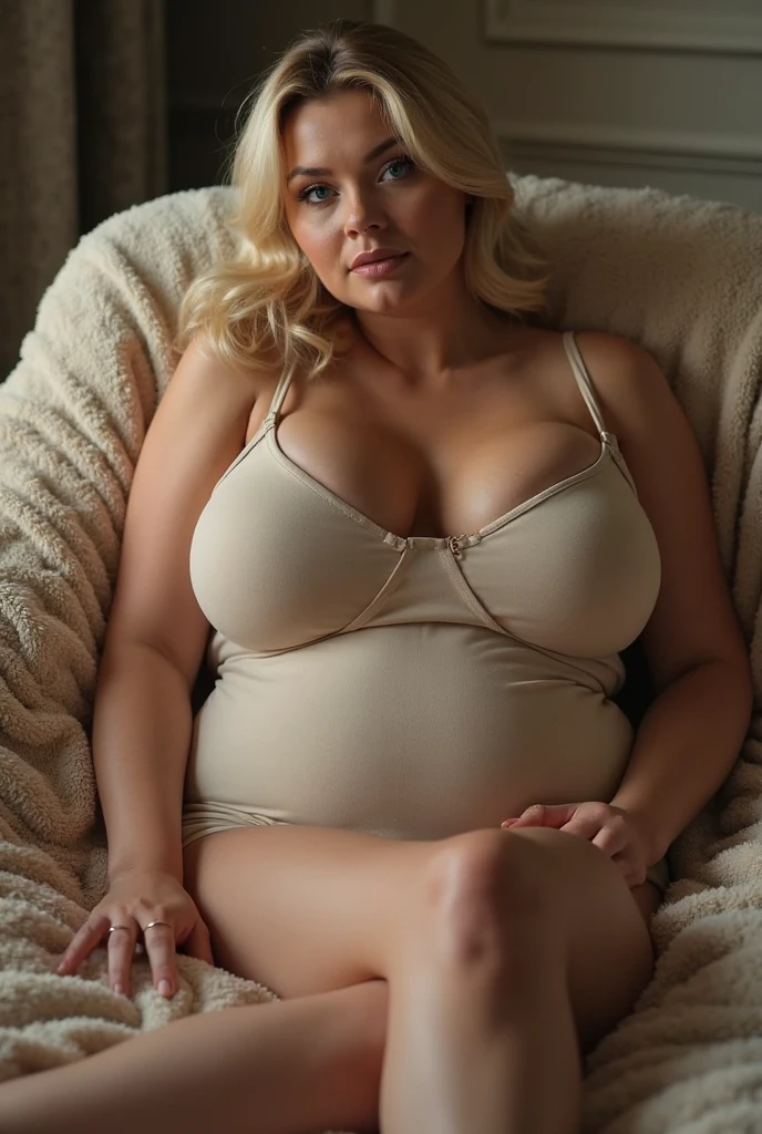 A blonde woman with curly hair and big breasts sits with her feet stretched out, taking a realistic photo