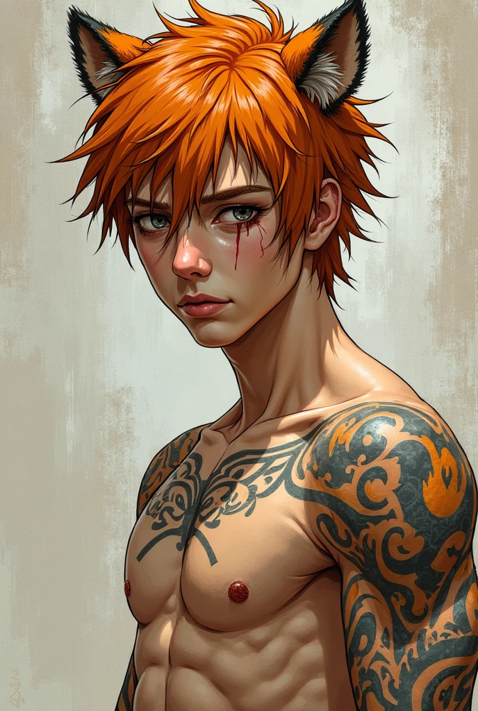 Korean male character with red hair and pale skin, Full-body image, body with scars 