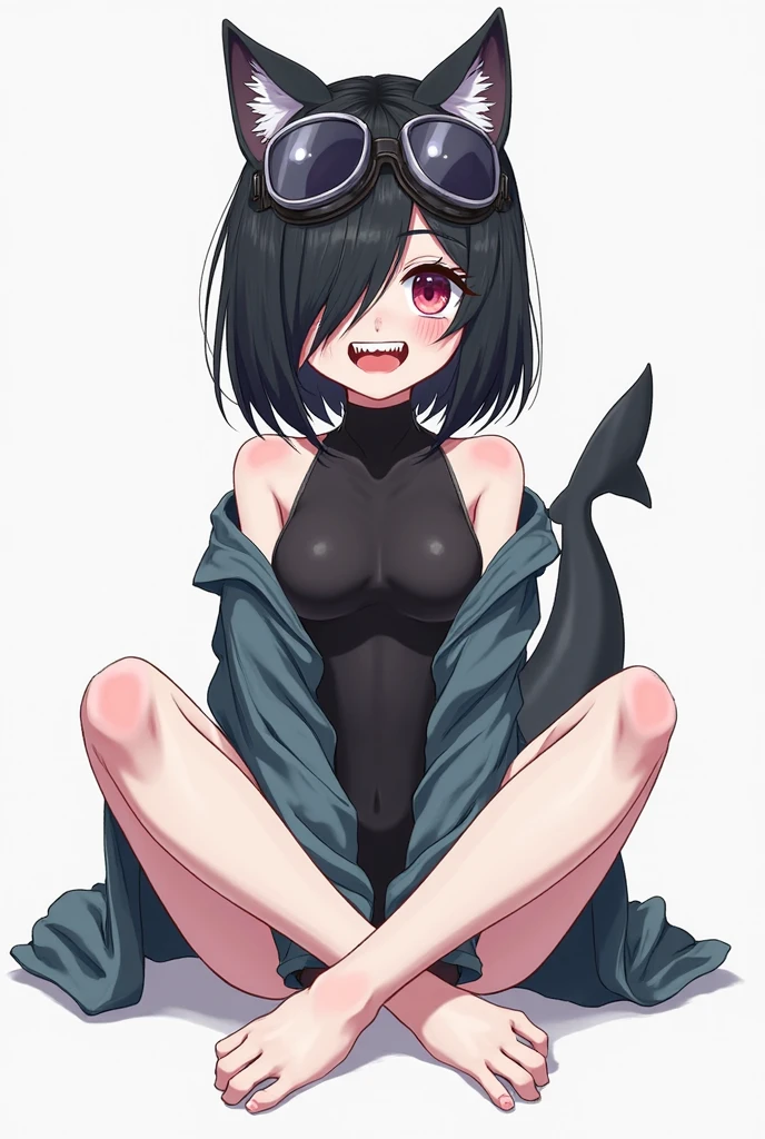 Black Shoulder Length Hair with Bangs, black hood and black shorts, small breasts and small ass, black eyes, pale skin, a big shark tail, at home in the bedroom