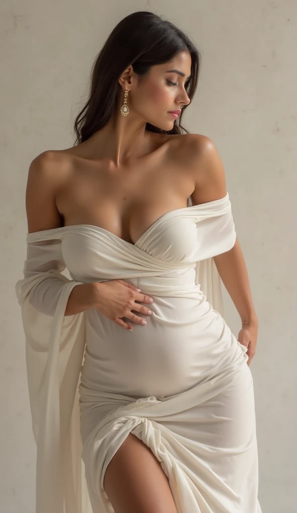 ( Close Up),RAW, Best quality, high resolution, masterpiece: 1.3), beautiful Malay woman in hijab, perfect fit body, beautiful big eyes, Soft smile, beautiful face, thick thighs, woman in long dress standing, long dress woman, dress fully covered, simple flowing dress, peach and goma style, flowing dress, dress, hijab, long dress, soft silk dress, wearing elegant dress, 2 colors, wither, Amazing lighting, Bright colors, Clean lines. Black Background. Realistic, Super Detail, Ultra HD, 8K Resolution