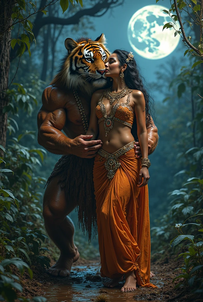 a puma is posing with a dark-haired amazon woman in the jungle, hyper realistic, 4k, 8k, detailed eyes, detailed lips, extremely detailed face and eyes, long eyelashes, beautiful detailed portrait, cinematic lighting, vibrant colors, dramatic shadows, lush tropical environment, dense foliage, exotic plants, detailed textures, photorealistic, highly detailed, masterpiece, award winning art