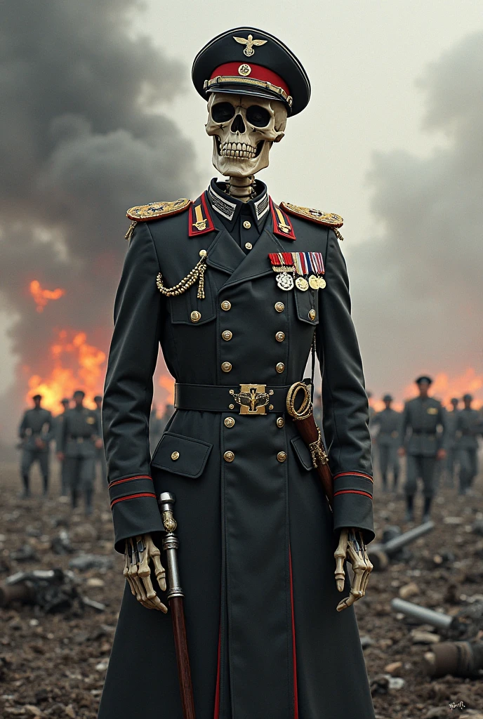 Create a painting of a German military officer(nazi) leading the artillery, but he is a skull. As if it were death. He is ordering the soldiers to shoot.