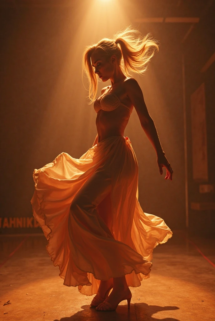 A beautiful blonde woman dancing, detailed breasts, detailed butt, (best quality,4k,8k,highres,masterpiece:1.2),ultra-detailed,(realistic,photorealistic,photo-realistic:1.37),high quality, intricate details, cinematic lighting, warm color tones, dynamic composition, graceful pose