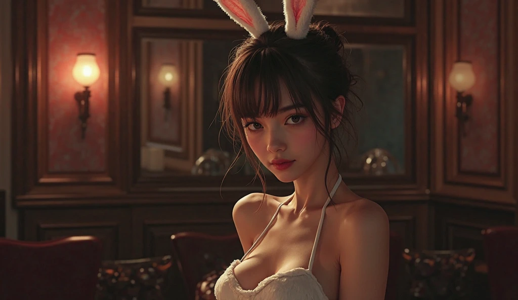 (RAW Photography:1.2)、top-quality、a beautiful detailed girl、bunnygirl、frombelow、squatting、M-shaped legs open、extremely detailed eye and face、beatiful detailed eyes、huge filesize、hight resolution、8k wallpaper、finely detail、Highly detailed ticker uniform 8k wallpaper、Light on the face、电影灯光、16-year-old girl、sexy  pose、(photorealisim:1.4)、illustratio、surrealism、super detailing、​masterpiece、a playboy bunny、fishnets pantyhose、Crotch close-up