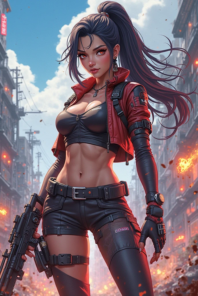 masterpiece:1.2, high quality, best quality, detailed_background,Dimly lit sky,outdoors,Ruined towns,highres,Broken Cars,Broken Buildings,Black jacket,Upper body,tank top,Glaring,Red eyes,Long hair,black hair, red colored inner hair,ponytail,hairs between eyes,straight hair,Open jacket,holding a pistol,Striking an action pose,See Zombies,Fights well,1 girl,Bare shoulders,alone,Military Jacket,Crop Top,Off-the-shoulder,full body