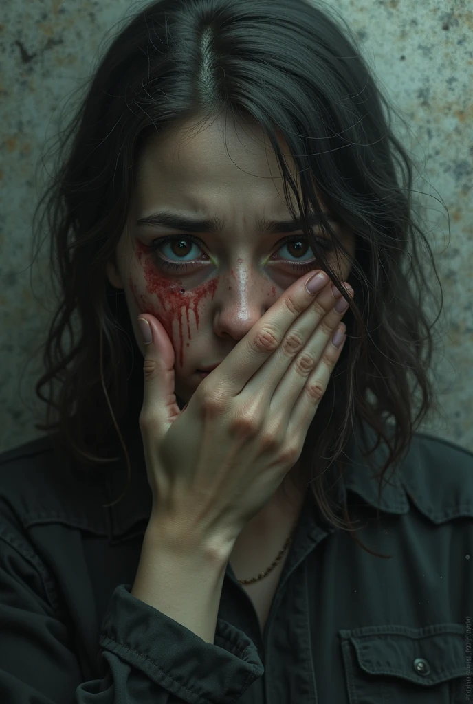 Realistic, cinematic, black background, extreme close-up photo depicting someone's hand covering a woman's mouth to shut it up. The woman is crying weakly, tears falling on her bloody face, scared. The woman is facing slightly to the left of the photo. Her black hair is messy. Bloods mark on the hand and the woman's face. The photo uses a minimalist color palette, with muted tones for the hand and the face, contrasting sharply with the dark background.