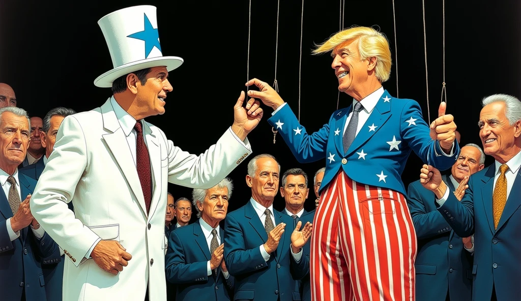 A man wearing an American flag costume controlling a Fulgencio Batista doll like a marionette.