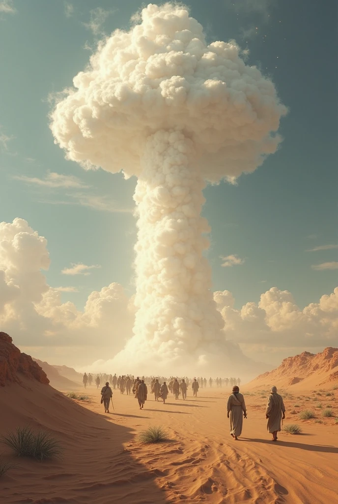 Five large atomic bomb explosions and a large, circular white cloud of smoke in the sky. Men and women run toward the camera, screaming, naked, their shoes torn.  A sign with 'Israel' on it lies on the ground. A bomber plane flies overhead, 100 feet in the air. 