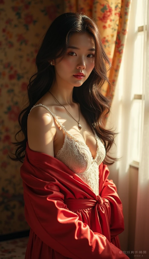 (top-quality),You Guo、Yoshiwara、Spirited Away background、Red light background、geisha、Wandering girl、花魁、Dancing Girl、Beautiful Japan woman in kimono with Japan hair tied、Japan hair、Kimono for everyday wear、Japan Band、Breakdown、Colossal tits、Fluttering chest、bra no、undulating proportions、Pose Seductive、Provocative smile、a matural female、nighttime scene、Interior with red light source、Red light on the lantern、Interior of a private house in Japan、Japan Fantasy Backgrounds、masterpiece、Exquisite and artistic face、 Highly detailed and expressive eyes、shinny hair、Highly detailed facial and skin texture、highly detailed skin with pores、Detailed hand description、detailed leg description、8K、16 K、top-quality、Professional Writing、Radio City、Film Lighting、Dramatic Lighting、Photorealsitic、Exquisite CG、Physical Rendering、Ultra-realistic, Realistic and realistic textures、unrealengine5、dynamic ungle、
