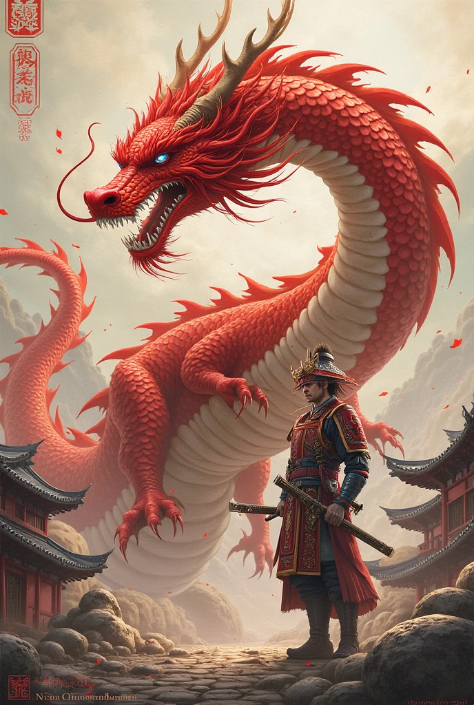 On the poster of a Chinese TV drama, there is a red Chinese dragon, very tame, calm mood, vibrant Chinese dragon style, oshare kei, uhd image, maggismo, photobashing, red, safflower elements, smoke covered in dreamlike and delicate details, 8k