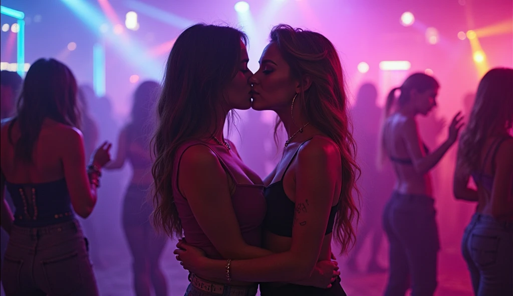 (Typography Poster) Hot asian women in mini dresses and tank tops are dancing sensual dances with each other in the club. 'SLAY!' is written near the top (Typography Poster)