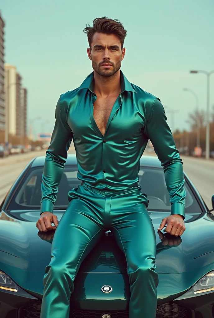 (absurdres, highres, ultra detailed, HD), 1 male, solo, ((handsome man, male model modern clothing, Full length portrait: 1.5)), beautiful, handsome, tall muscular guy, mature, perfect eyes, sexy gaze, (looking at the viewers romantically), perfect body, smooth skin, wide chest, largest breast, extremely large pectorals, big nipples, breathtaking grandeur,  from directly above, gorgeous, wet, model pose, colorful, artistic, focus on his calm facial features, elegant look, sexy posture, full body view,