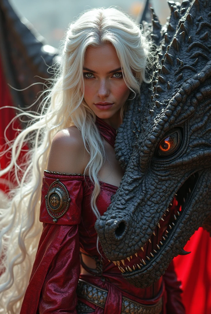 (((masterpiece))), (((best quality))), (((a pet dragon))), (((resting on girl's head))), (breathing fire:0.9), red complex pattern cut-out warrior costume, sleeves, solo, 1girl, thin face, ((blond wavy longhair)), cleavage, huge tits, sweat, pretty face, frown, tears, shy, blush, rosy lips, black collar, sea, beach, cliff, Daenerys Targaryen, <lora:girllikepetdragon:1>,