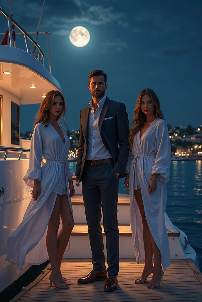 A charismatic young wizard in a royal blue robe stands with confidence. Beside him, two stunning women dressed in sophisticated, minimal clothing, representing wealth and allure. The backdrop features a large, ultra-modern house with a pristine garden and swimming pool. High-end sports cars, like a Porsche and Aston Martin, are displayed prominently, highlighting a life of wealth and luxury. The scene captures the essence of magical opulence and financial success, with every element emphasizing wealth and prestige